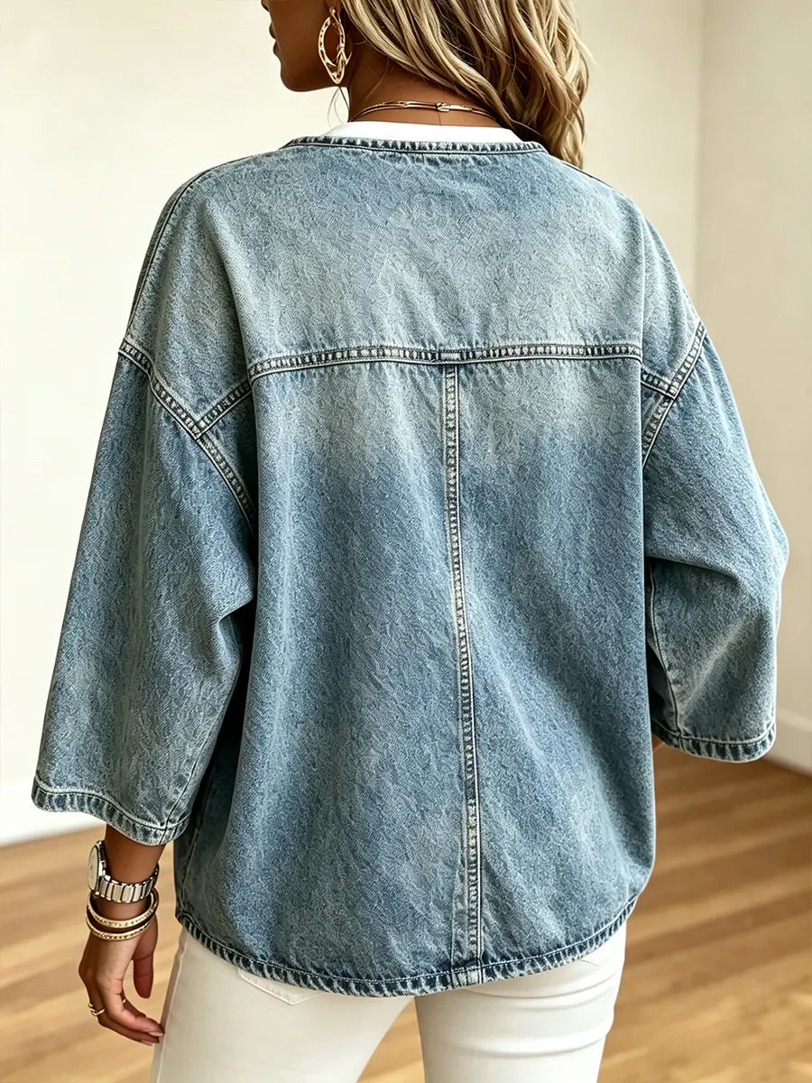 Casual Collarless Oversized Button-Down Denim Shirt