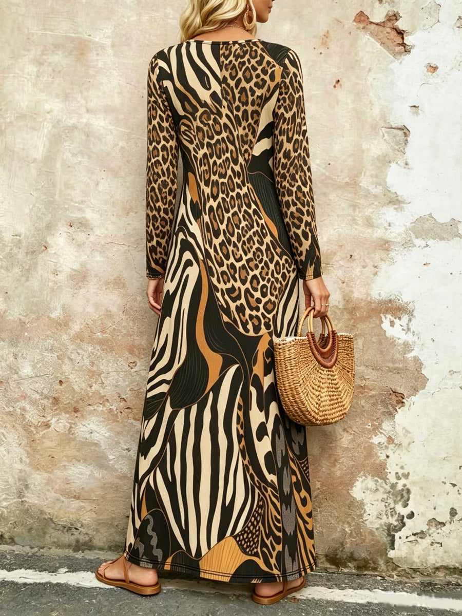 Women's Leopard Pattern Art Casual Stylish Long Sleeve Dress