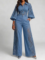 Casual Two-piece Set: Lace-paneled Denim Shirt And Trousers
