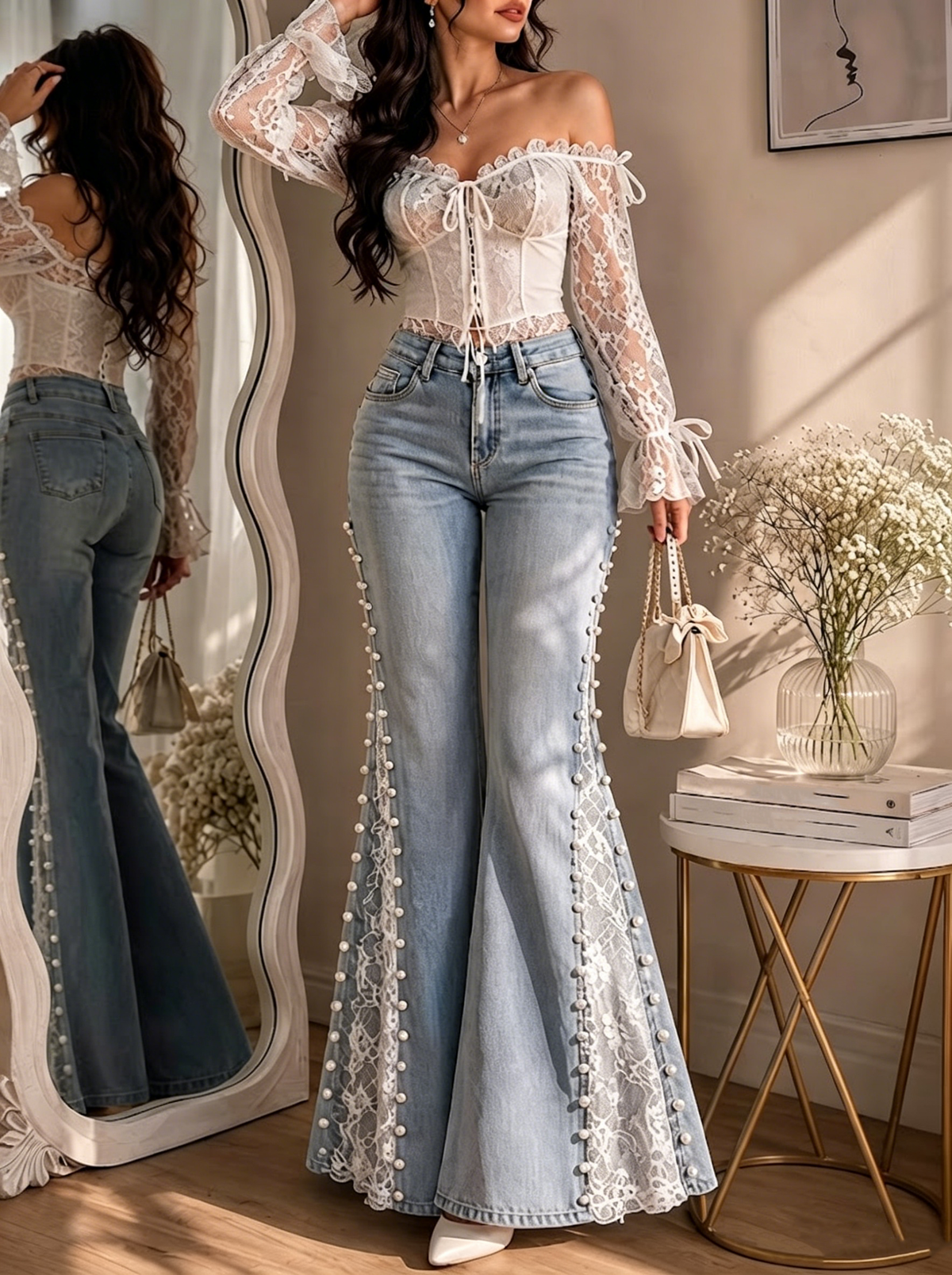 Slimming Wide-leg Jeans With Lace Paneling, Color-blocking, And Beading