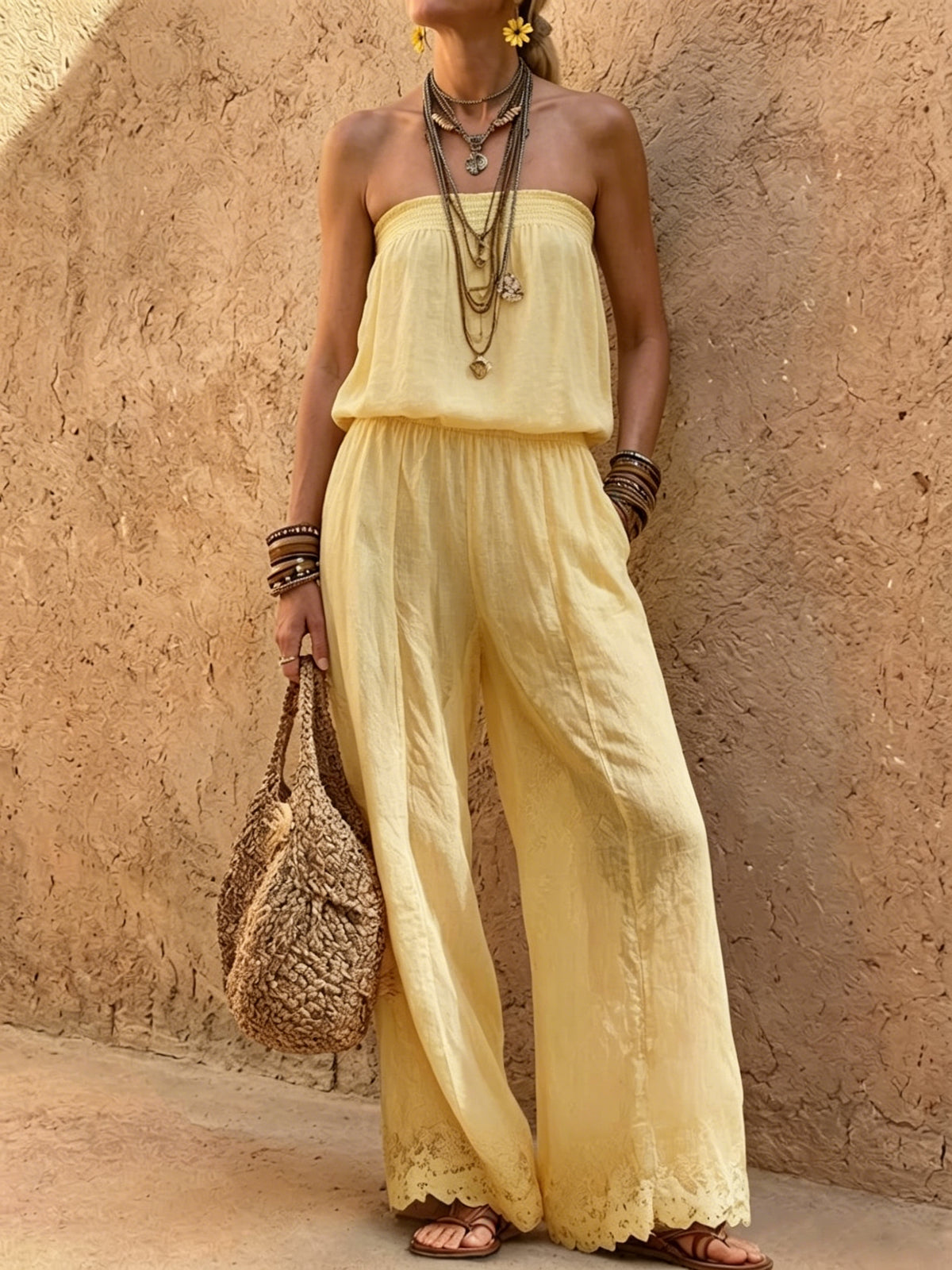 Women's Strapless Lace-Trim Wide-Leg Jumpsuit