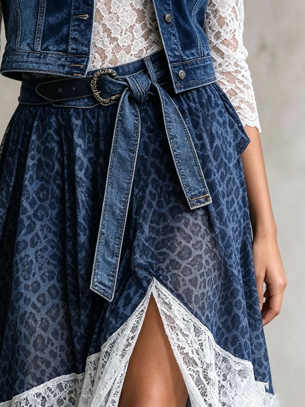 Women's Leopard Print Lace Spliced Denim Vest Irregular Midi Skirt Set