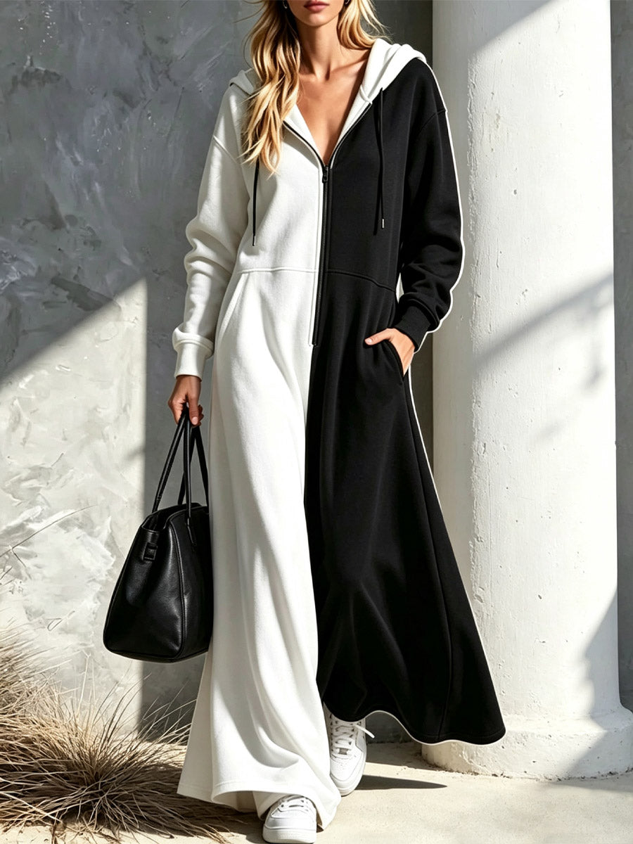 Color Block Hooded Loose Art Casual Long Sleeve Cotton Long Dress