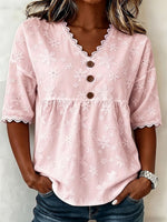 Vintage-style Casual Short-sleeve Shirt Featuring A V-neck, Lace Cut-out Patchwork, And Embroidery