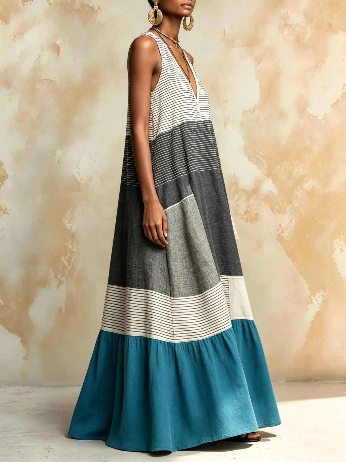 Women's Striped Color Block Patchwork Sleeveless V Neck Maxi Dress