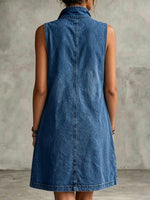 Washed Denim Stand Collar Half Zip Leopard Print Patch Pocket Sleeveless Loose Mini Dress