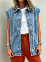 Women’s Washed Lapel Sleeveless Stitch Detail Denim Vest