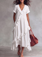 Women's Solid Color V-neck Ruffle-sleeve Casual Loose A-line Cotton-linen Dress