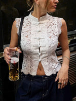 Elegant Chic Lace Hollow Sleeveless Art Casual Stand Collar Shirt