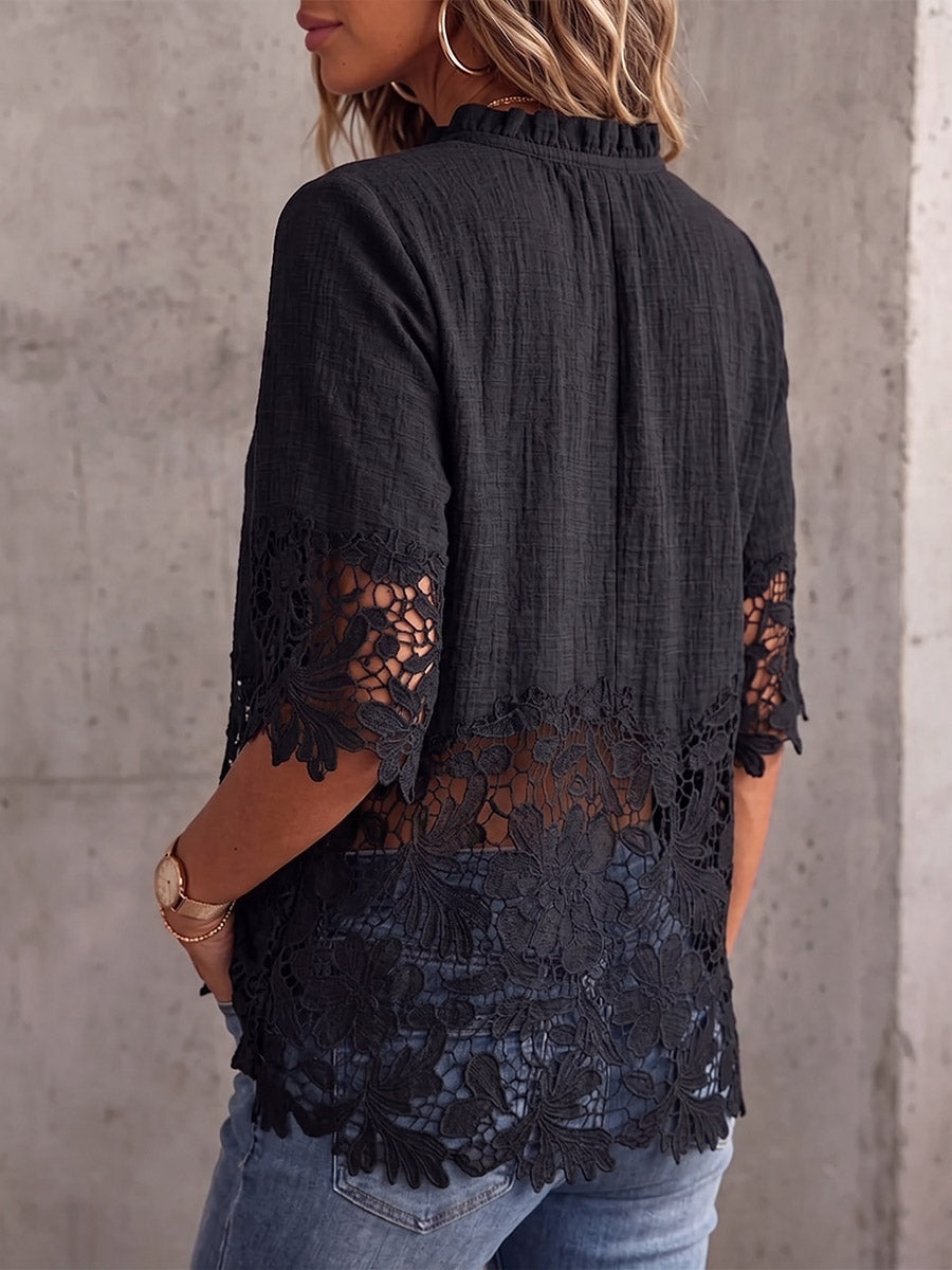 Vintage Elegant Cotton-Linen Patchwork Cutout Floral Lace Shirt