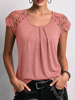 Women's Solid-color Crew Neck Short-sleeve Casual Loose Lace-panel Top
