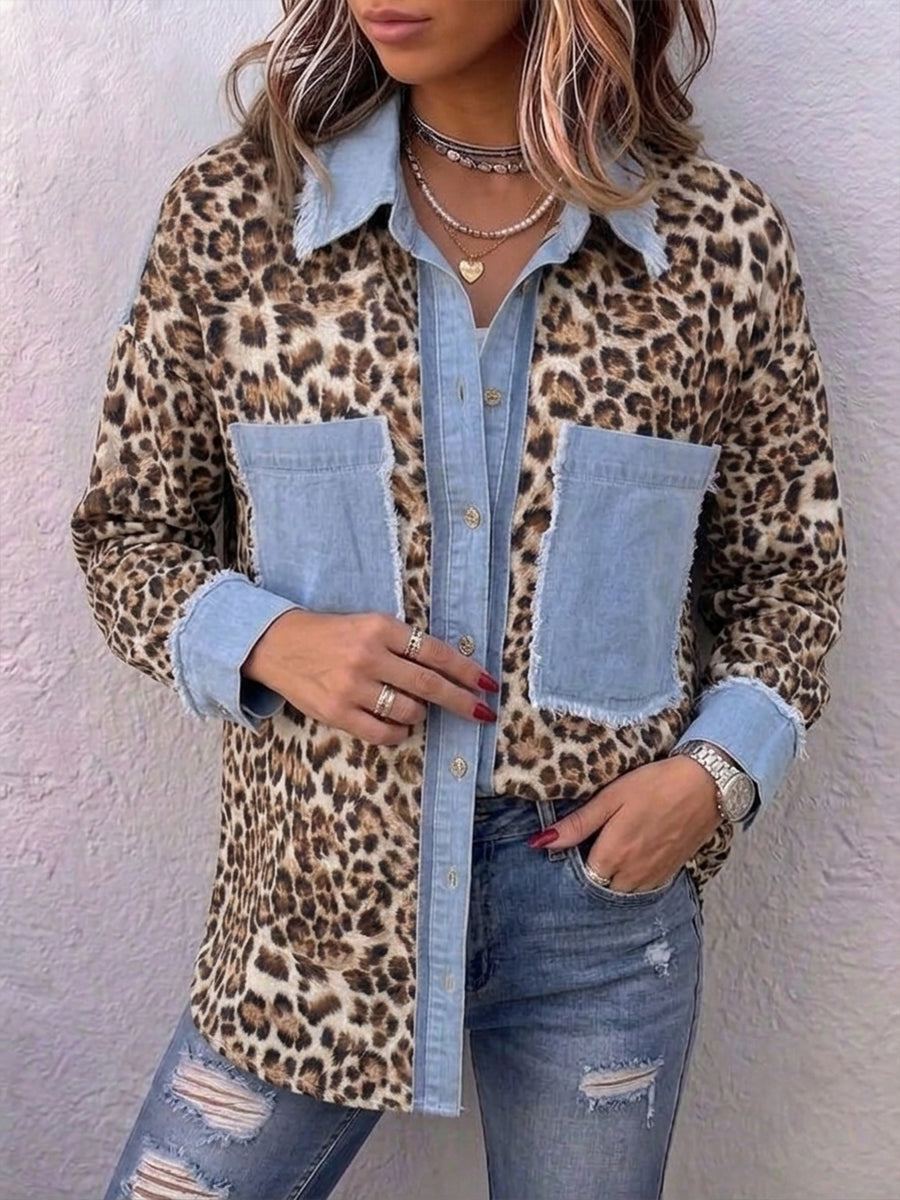 Relaxed-fit Casual Denim Shirt With Leopard-print Panels