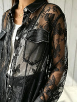Women's Butterfly Lace Print Frayed Long Sheer Shirt Cardigan