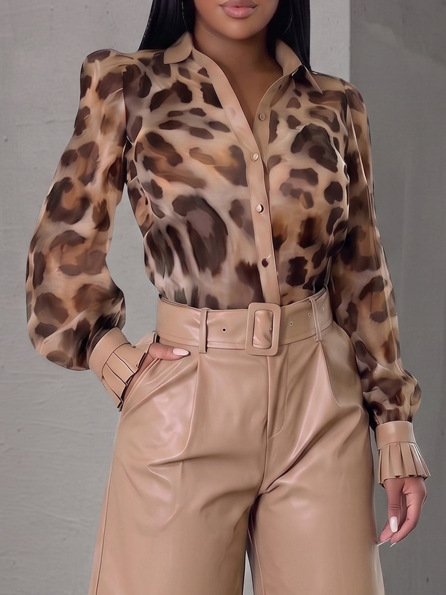 Lotus-leaf V-neck Snakeskin-print Chiffon Shirt