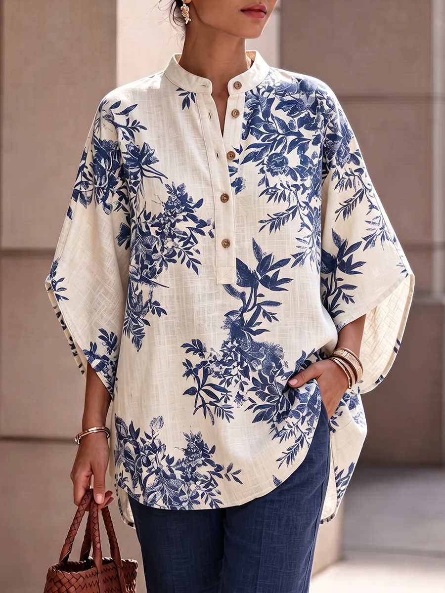 Elegant Floral Print Cotton-linen Shirt With Batwing Sleeves