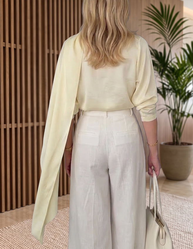 Women's Asymmetrical Collar Satin Blouse, Elegant Batwing Sleeves With Shawl Details, Silk Texture Top