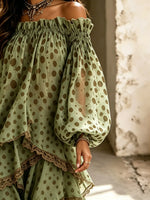 Women Big Polka Dot Lace Off Shoulder Irregular Tiered Maxi Dress
