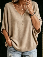 Women’s Oversized V Neck Batwing Short Sleeve Knit Sweater Top