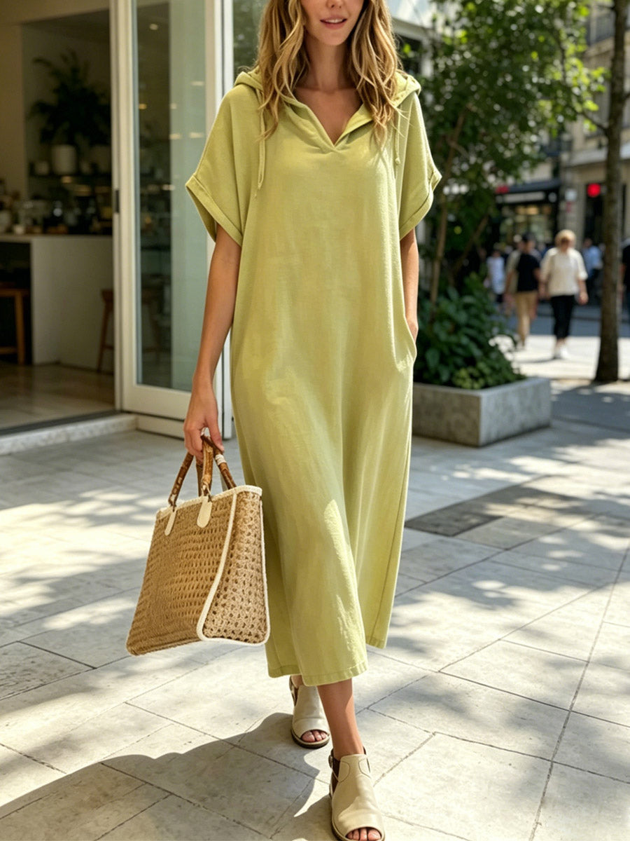 Women's Hooded Loose Art Casual Stylish Short Sleeve Cotton Linen Dress