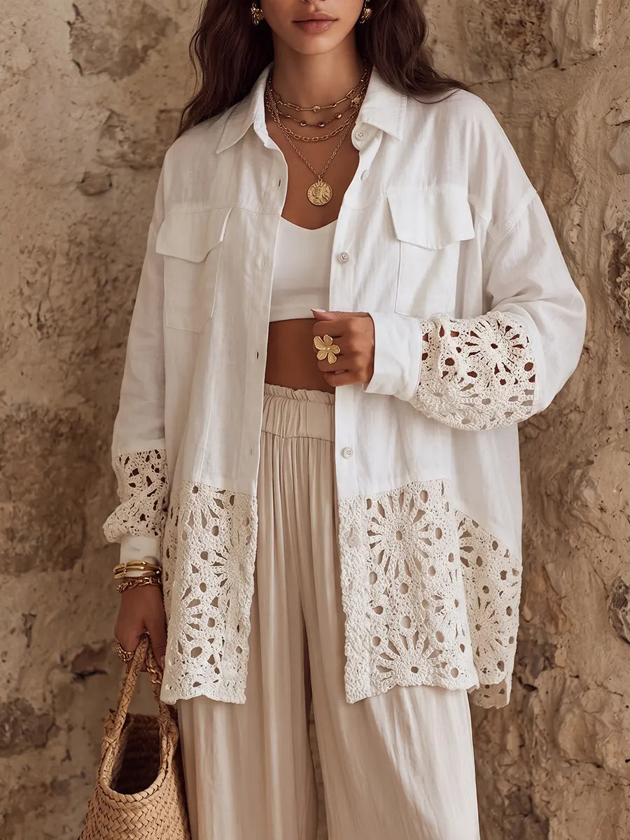 Relaxed Resort Linen Crochet-Paneled Overshirt