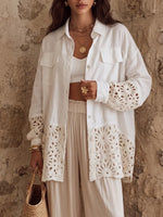 Relaxed Resort Linen Crochet-Paneled Overshirt
