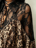 Women's Leopard Print Sheer Black Lace Spliced Puff Long Sleeve Blouse