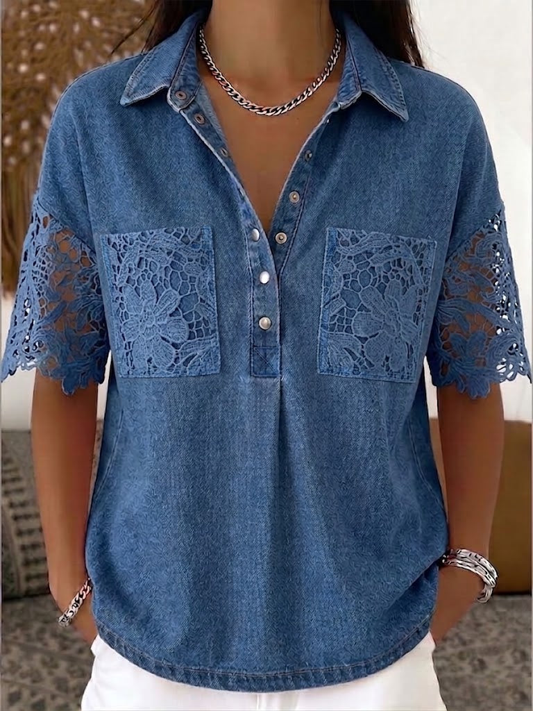 Casual Patchwork Lace And Denim Henley Top