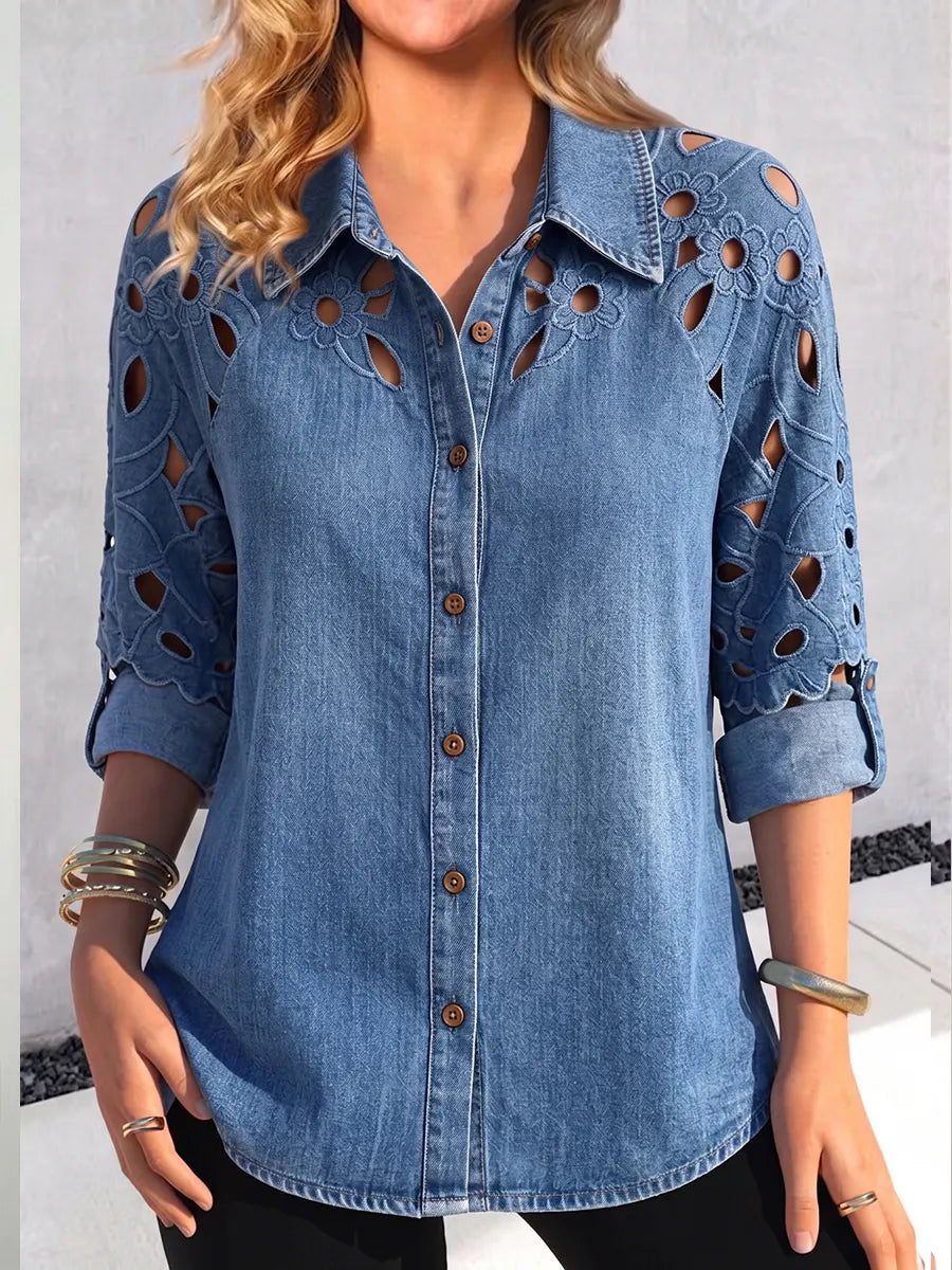 Floral Cutout Chambray Denim Button-Down Blouse