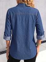 Chic Chambray Laser-Cut Denim Button-Down Blouse