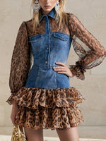 Washed Denim And Leopard-print Chiffon Spliced shirt Dress Featuring A Collared, Button-front Design, A Fitted Waist, And A Double-layered Ruffled Hem