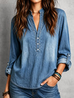 Classic Denim Loose Art Casual Stand Collar Long Sleeve Shirt