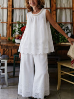 Womens Braided Neck Eyelet Embroidery Sleeveless Cotton Linen Two Piece Pant Set