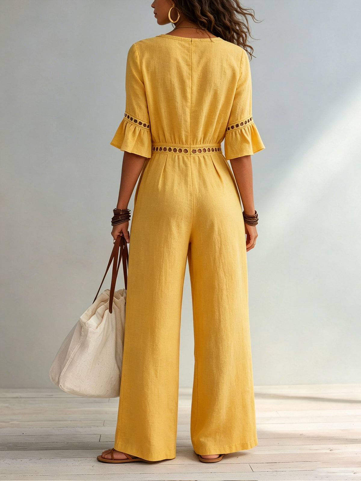 Womens Eyelet Cutout V-neck Ruffle Sleeve Cotton Linen Wide Leg Jumpsuit