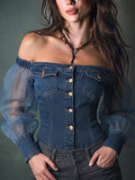 Denim Off-shoulder Long-sleeve Chiffon Top