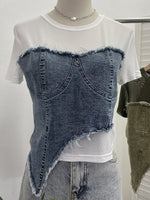 Stylish Casual Denim Top With Stretch Mesh Paneling