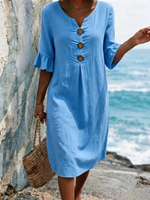 Solid-color Cotton Dress Featuring A V-neck, Three Wooden Buttons, Front Pleats, And Flattering Ruffled Mid-length Sleeves