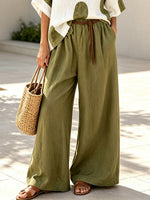 Geometric V-collar Art Casual Top And Wide Leg Pants Cotton Linen Two-piece Set