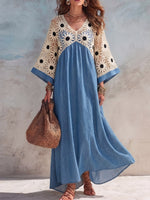 Vintage Elegant Denim Cut-Out Crochet Patchwork Dress