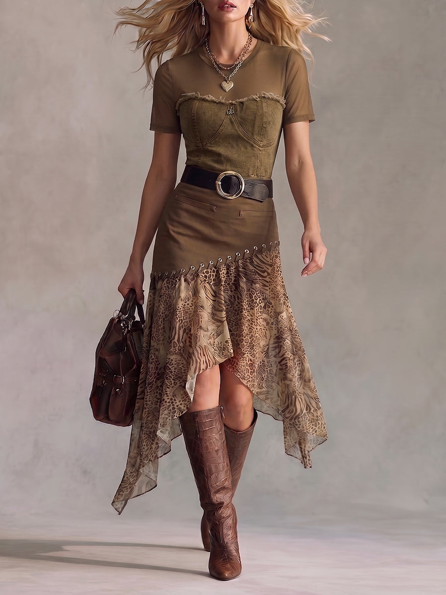 Stylish Casual Cotton Midi Skirt With Leopard-print Paneling And Asymmetrical Hem