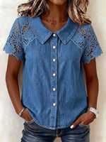 Women's Casual Loose-fit Denim Shirt With Peter Pan Collar Short Sleeves, And Lace Paneling