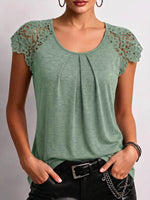 Women's Solid-color Crew Neck Short-sleeve Casual Loose Lace-panel Top