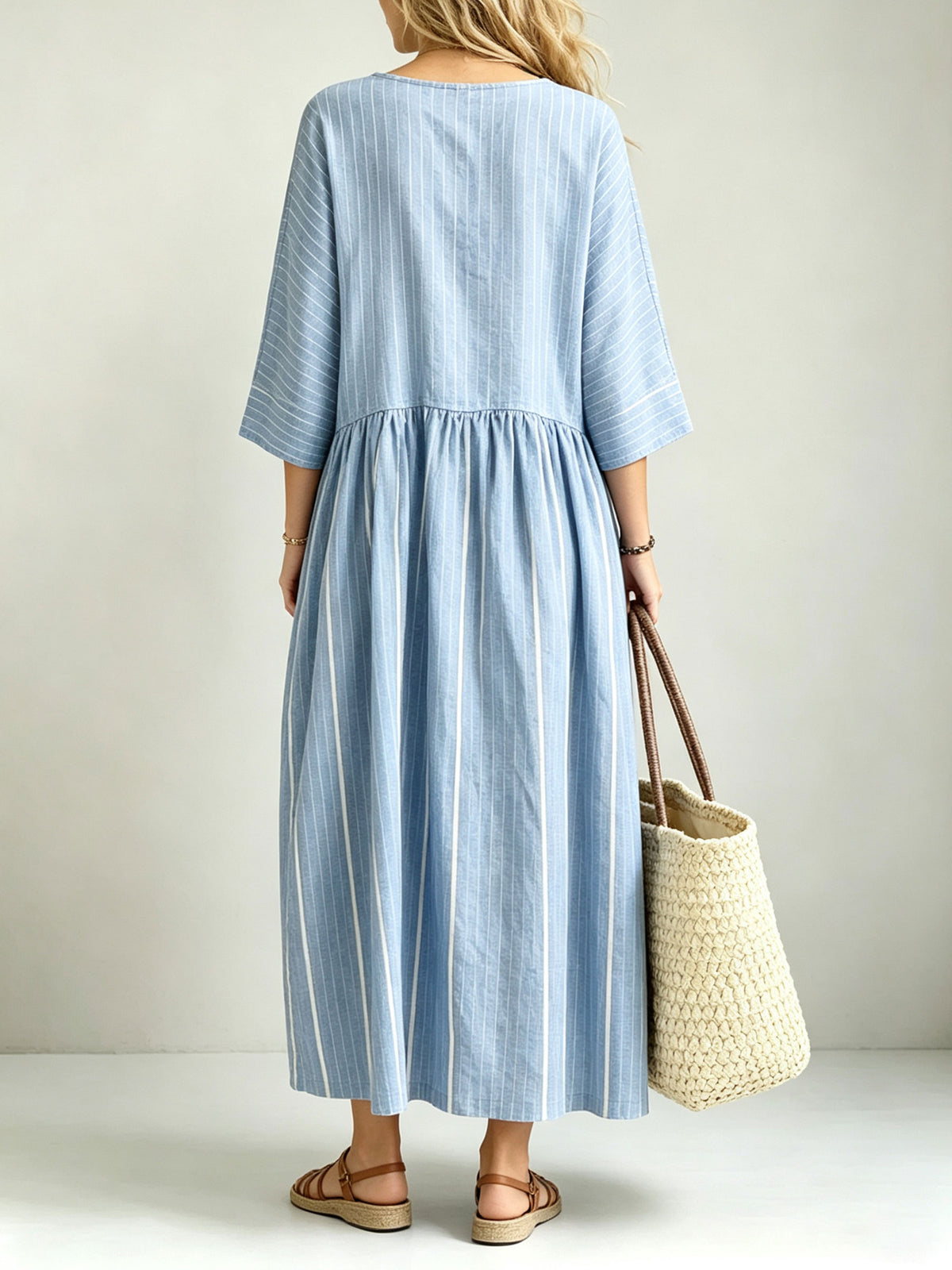 Women's Vertical Stripe Linen Blend 3/4 Sleeve Gathered Loose Midi Dress With Pockets