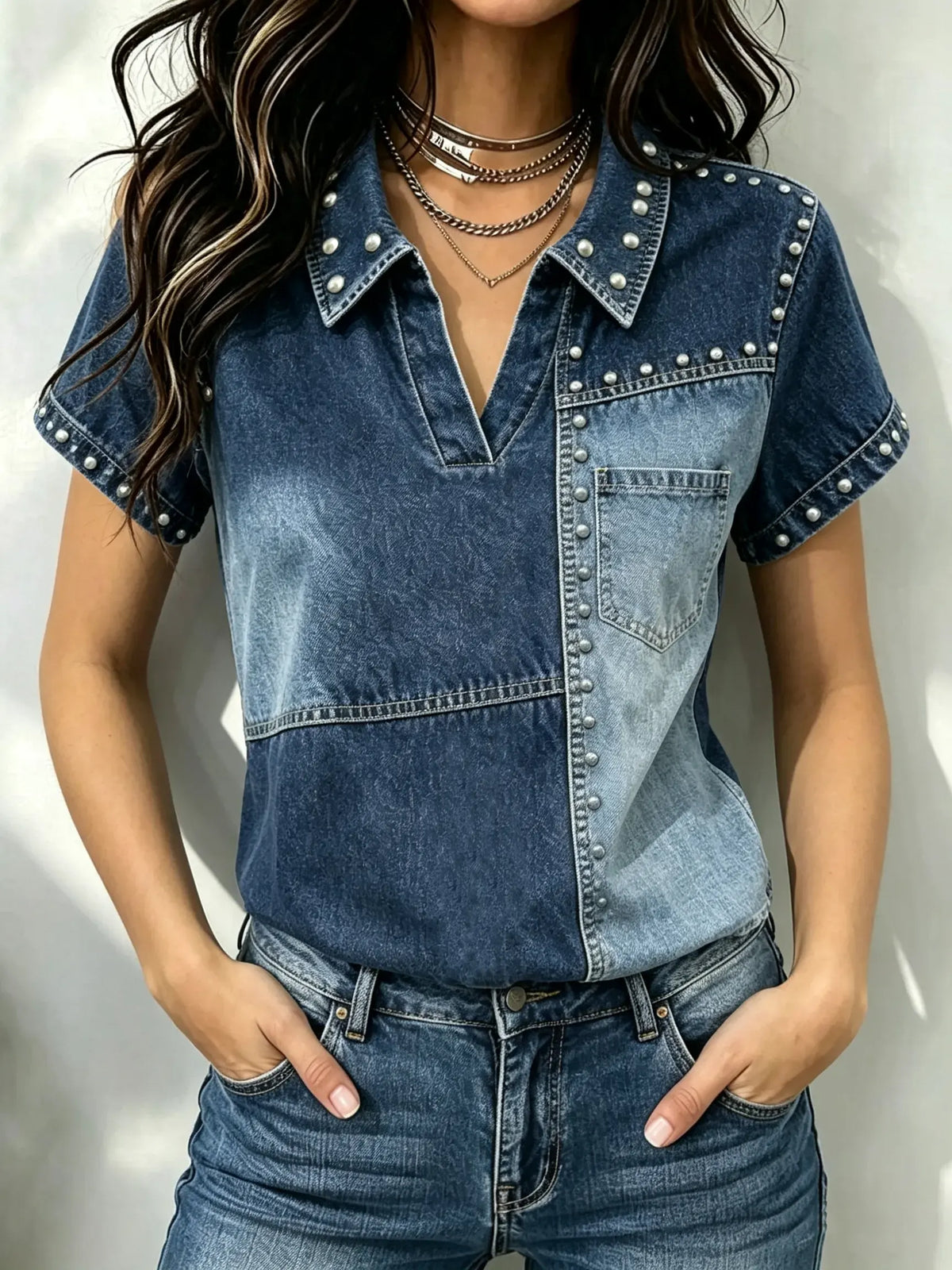 Women's Studded Patchwork Denim V-Neck Shirt