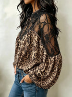 Women's Leopard Print Sheer Black Lace Spliced Puff Long Sleeve Blouse