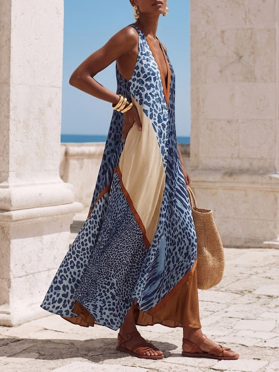 Stylish Spliced leopard-print Chiffon Maxi Dress