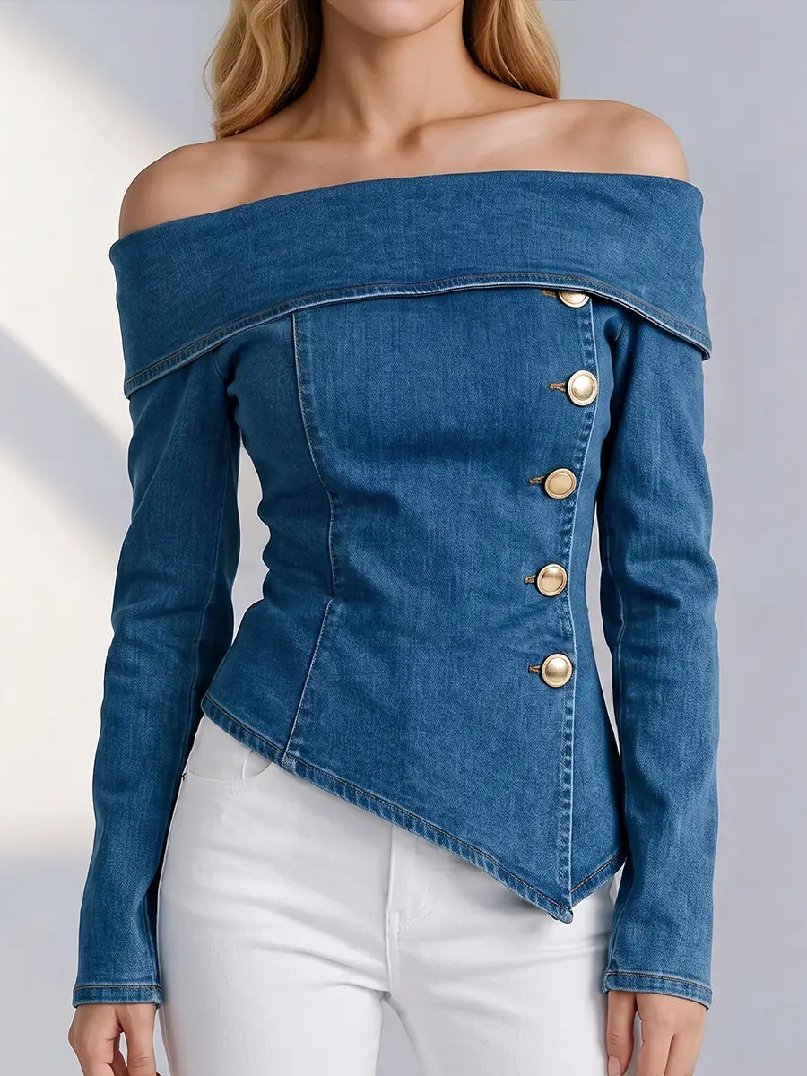Contemporary Denim Off-the-Shoulder Asymmetrical Button-Up Top