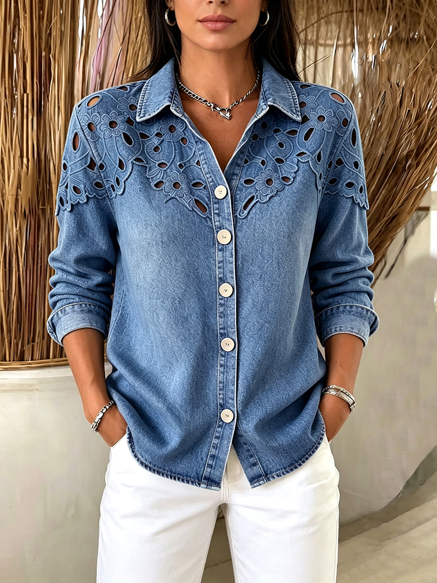 Chic Floral-embroidered Denim Blouse
