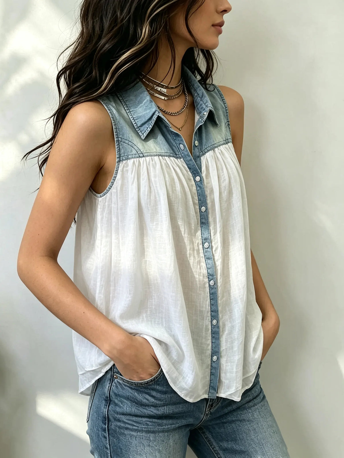 Women's Denim Patchwork Sleeveless Button-Down Top