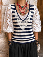 Vintage Elegant Openwork Lace Patchwork Knit Puff Sleeve Shirt Top
