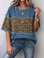 Casual Patchwork Denim Top With Leopard Print And Frayed Details